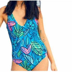 aerie XS New Full Coverage One Piece Swimsuit Tropical Heart Print Turquoise Blu